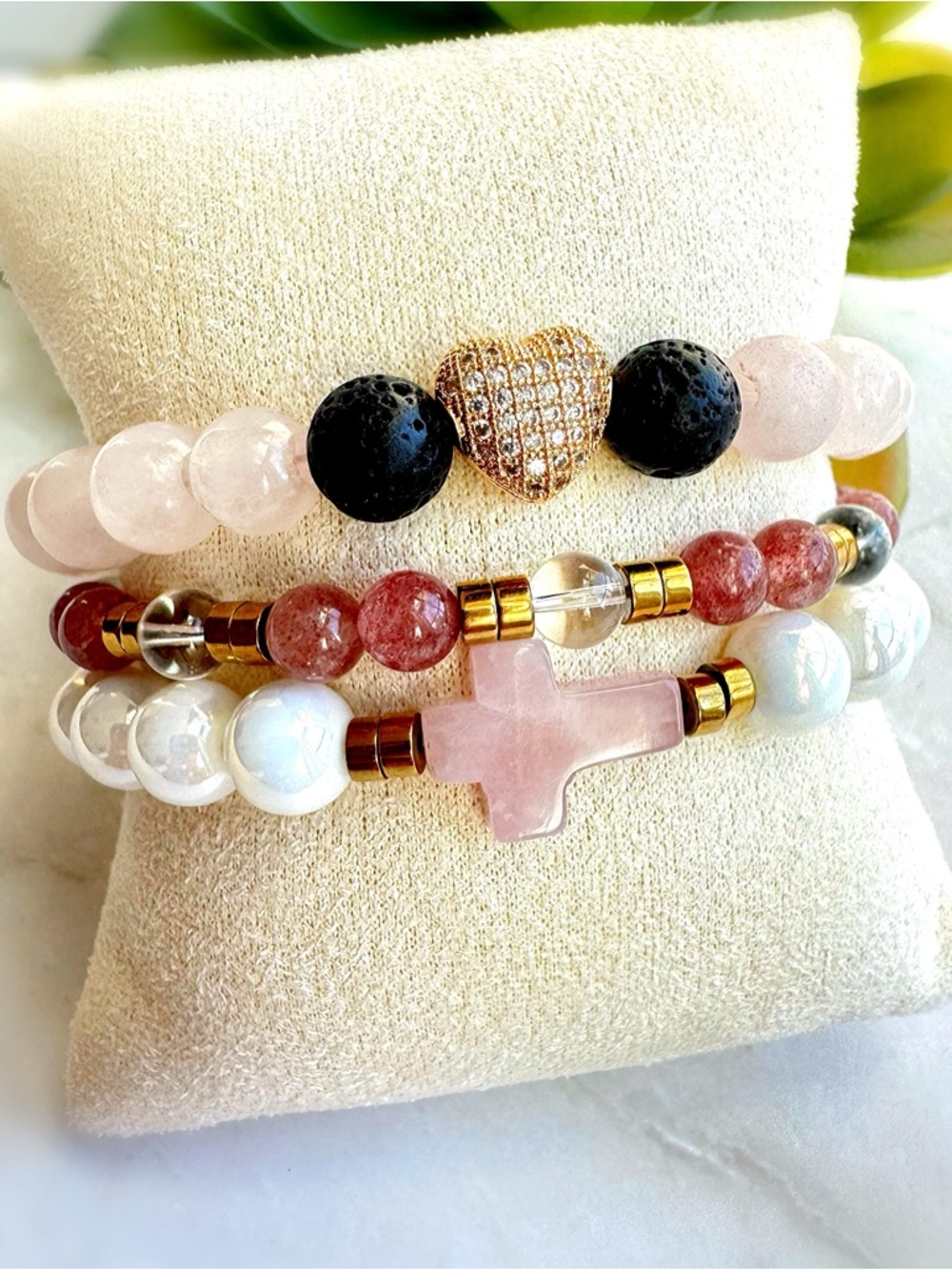 Rose Quartz Bracelet Stack Love Faith Heart Cross Crystal Jewelry Set